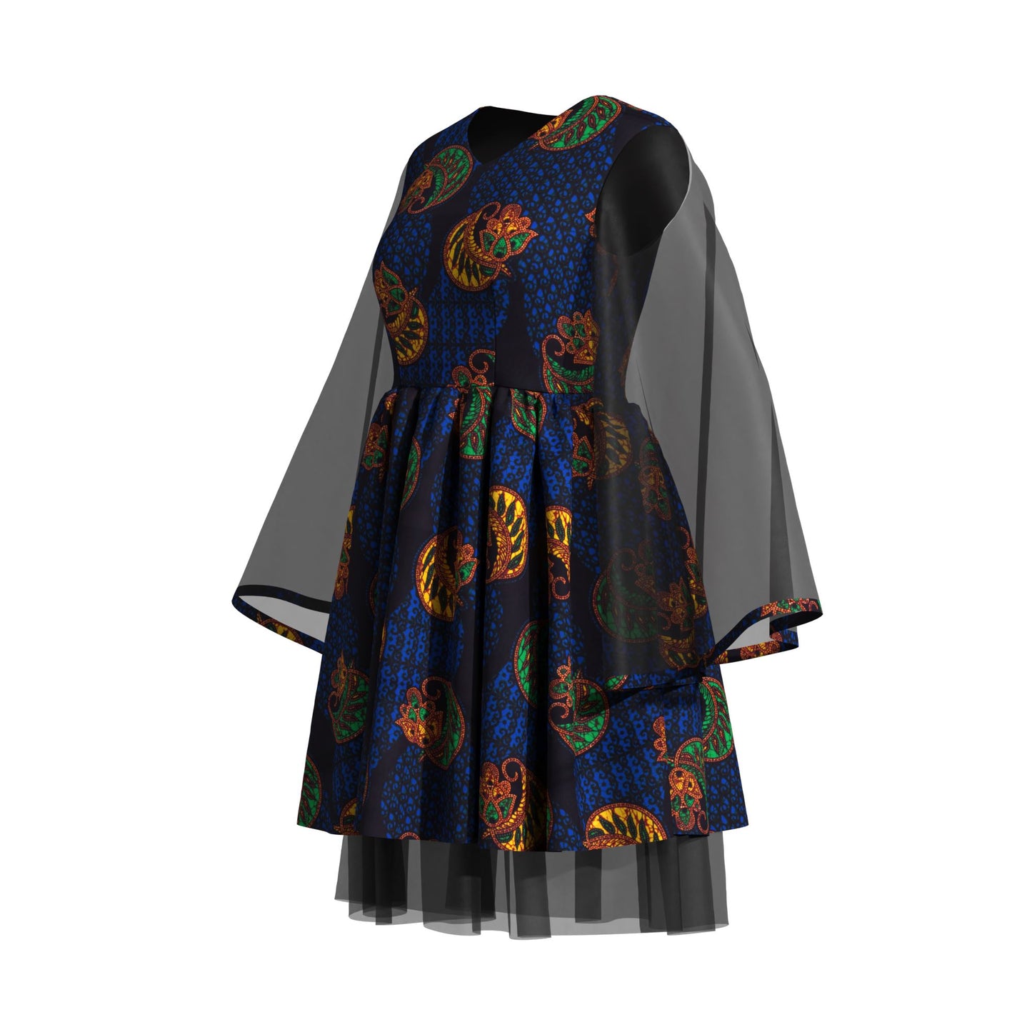 Ethnic African Floral Print Sheer Mesh Flare Sleeve Dress