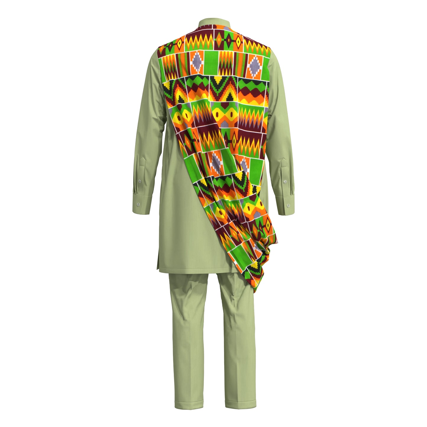 Stylish Men Matching Trousers Outfit, Suit Fabric Top with African Printed Drape Detail