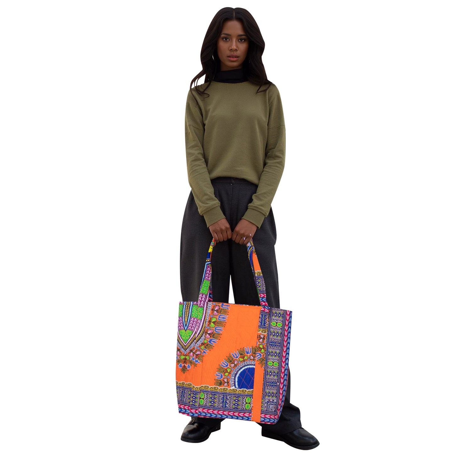 Colorful Traditional African Fabric Large Tote Bag Sturdy Shoulder Strap Weekend Travel Handbag Fashion Accessories