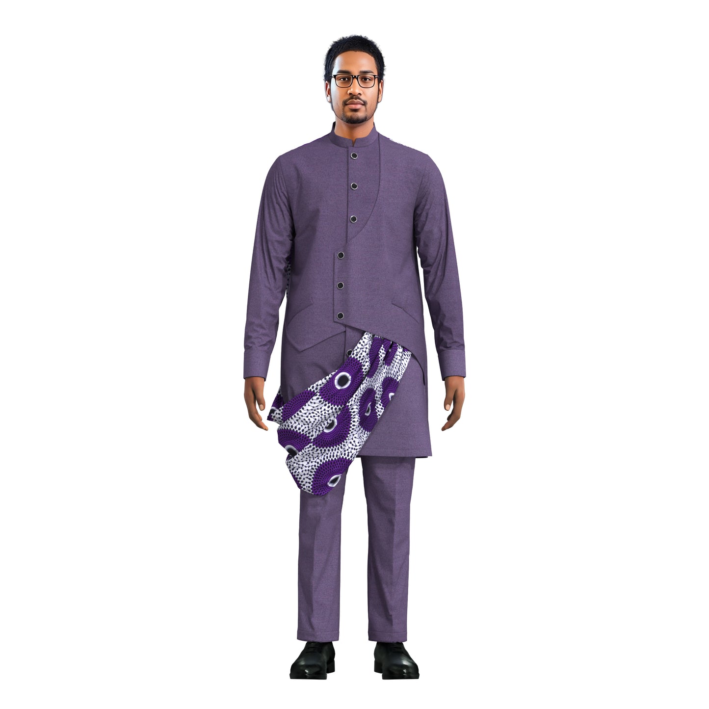 Stylish Men Matching Trousers Outfit, Suit Fabric Top with African Printed Drape Detail