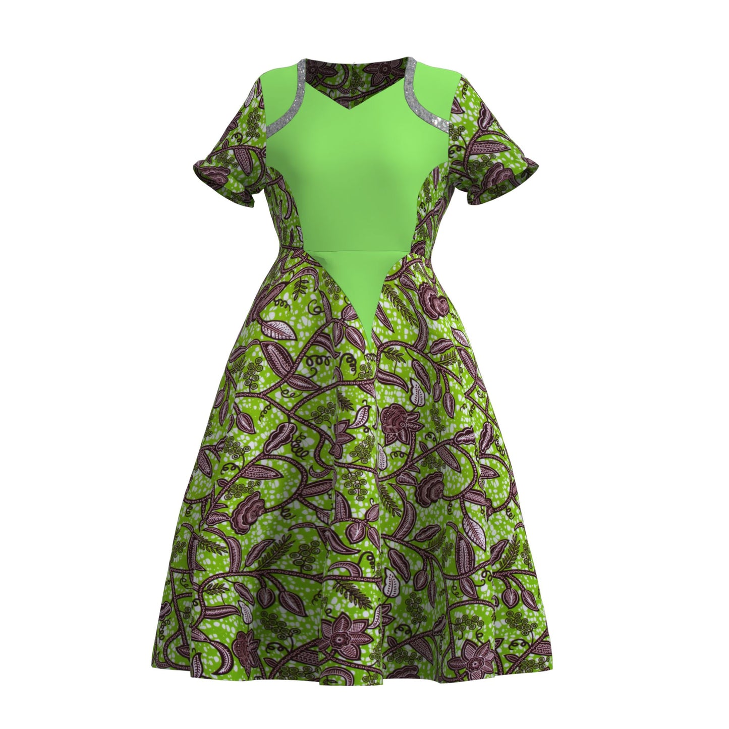 Women's African Ankara Print V-Neck Midi Dress | High-End Patchwork Party Dress