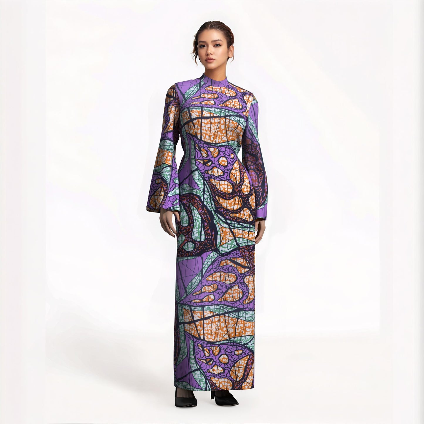 Ladies Kente Geometric Wax Print Long Dress High Neck Bell Sleeve Slim African Party Gown