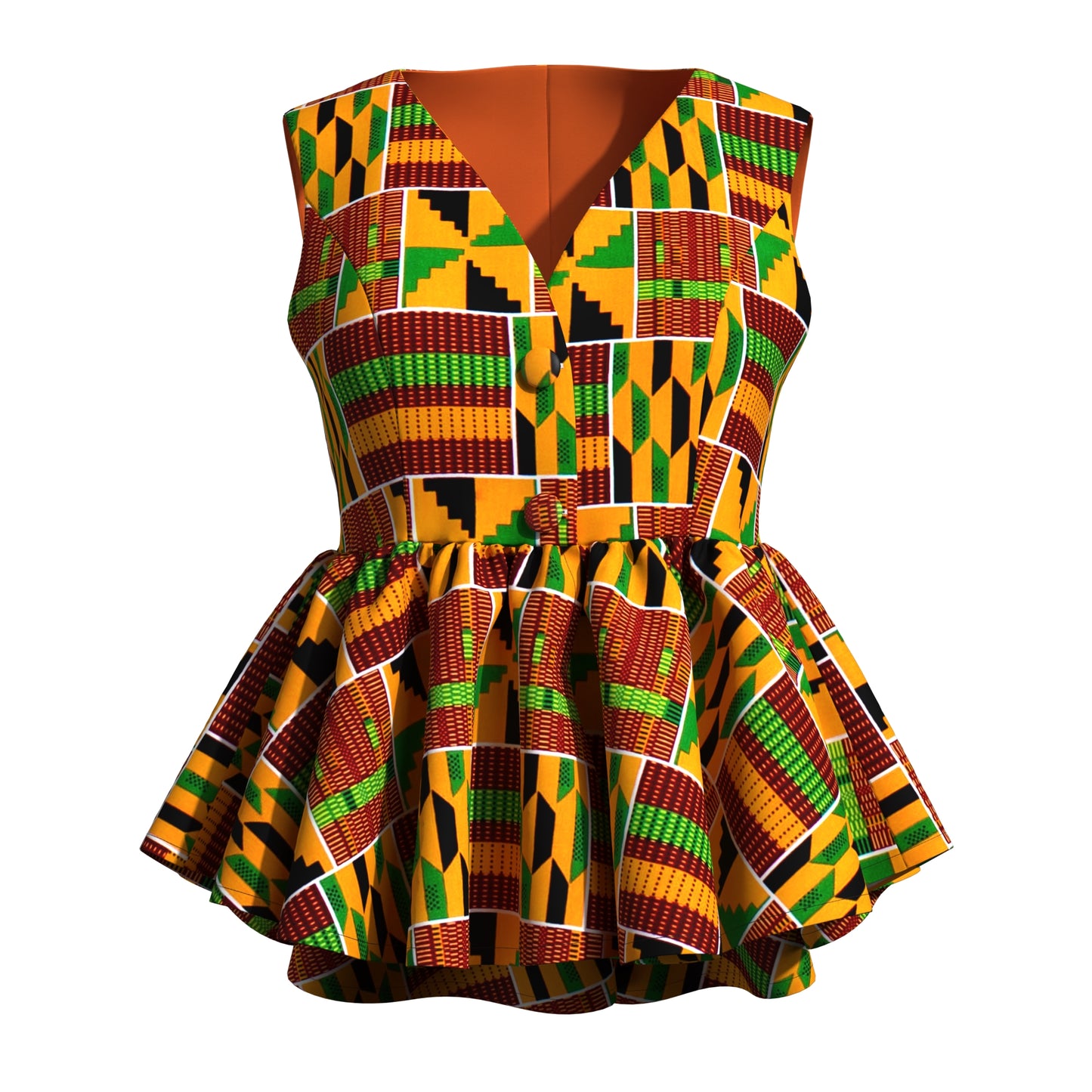 Handmade African Wax Print Sleeveless Peplum Blouse with Ruffle Detail