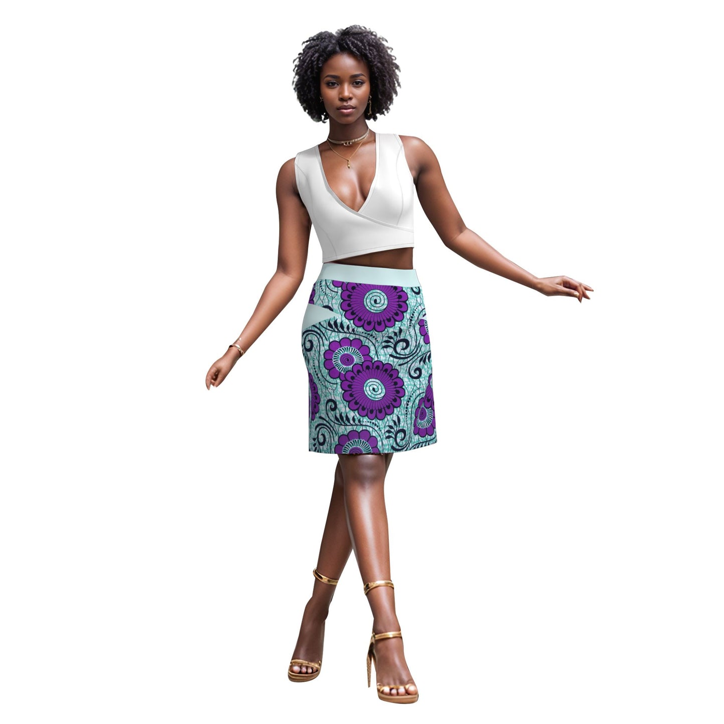 African Women Traditional African Floral Wax Print Slim Fitting Midi Skirt