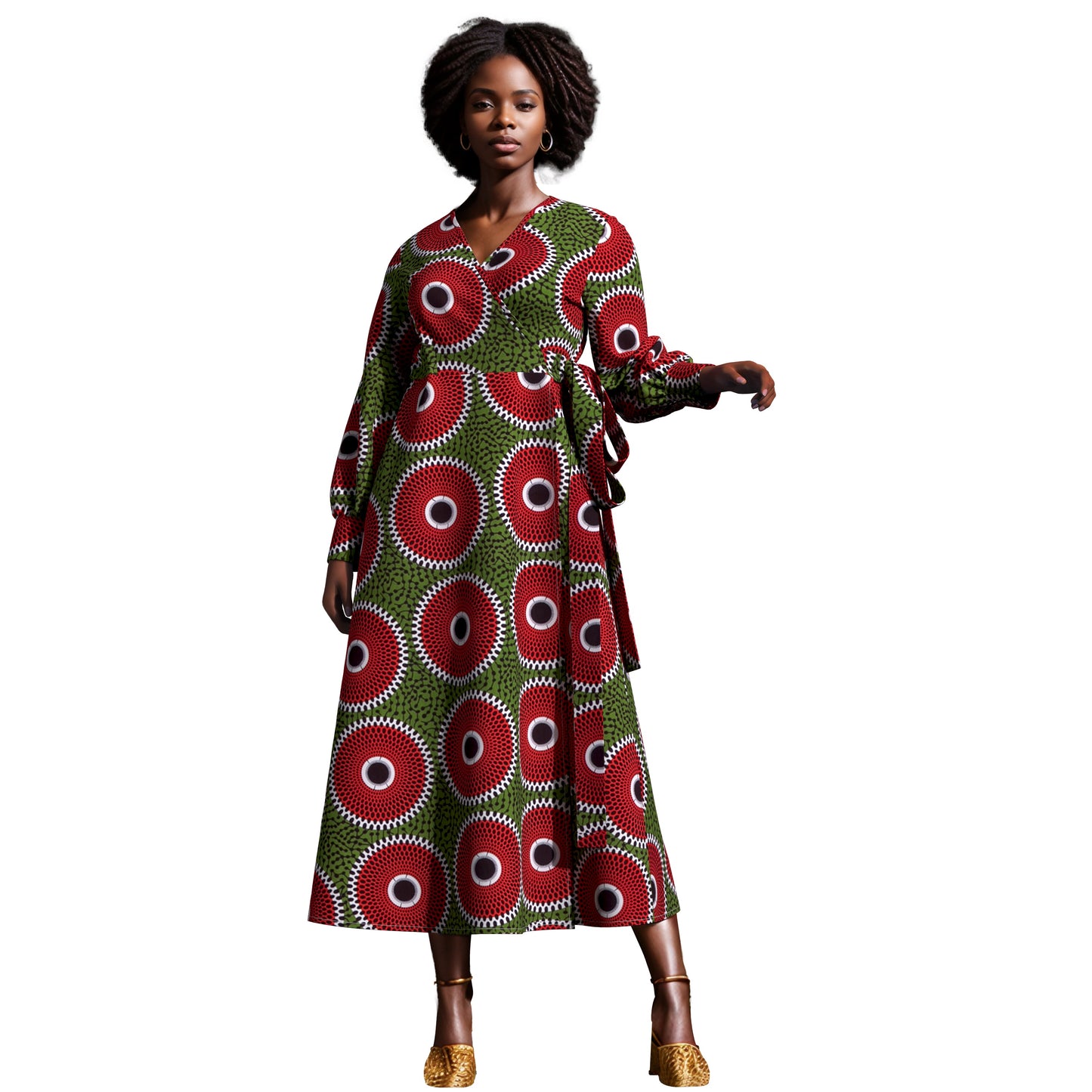 African Print Wrap Maxi Dress with Waist Tie