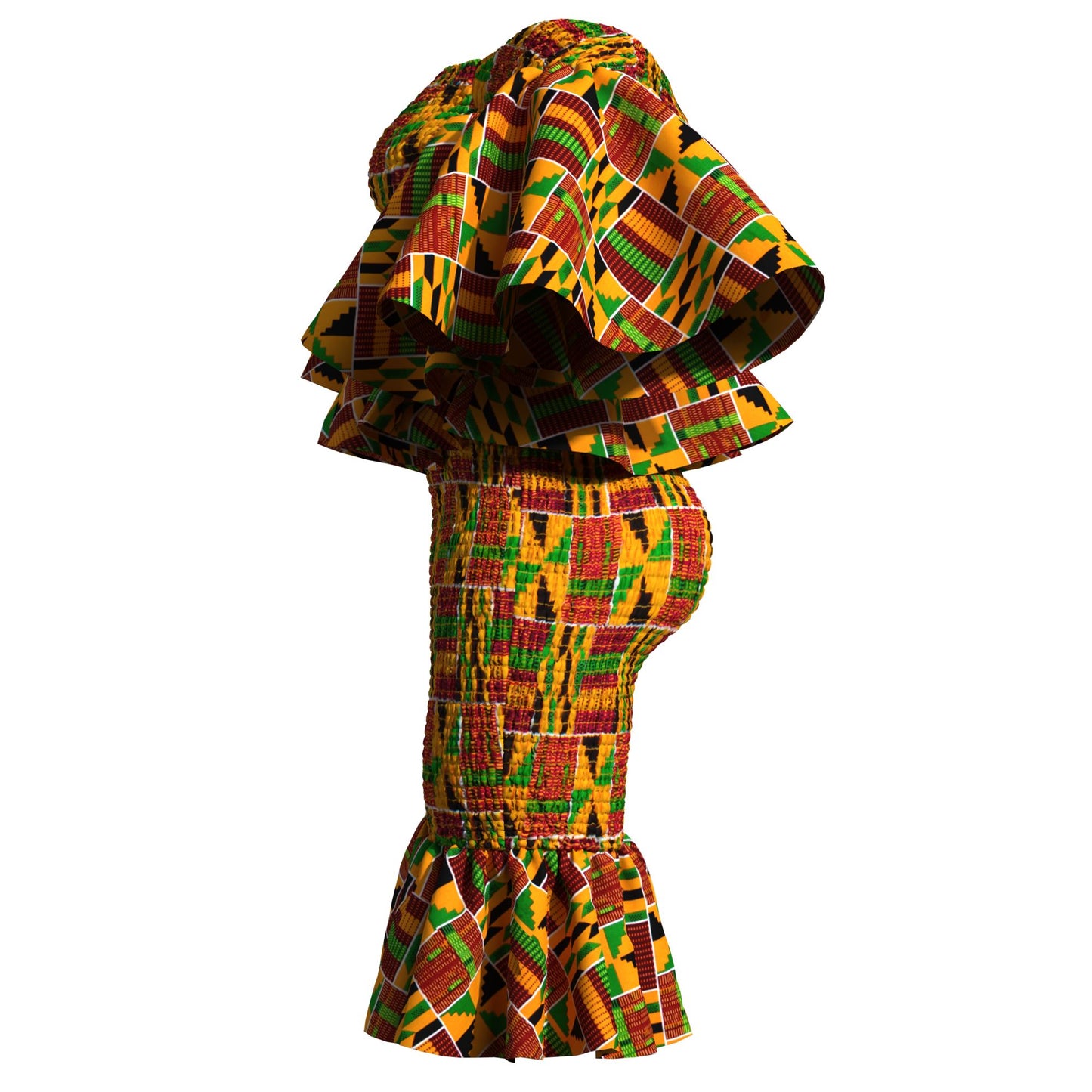 Smocked African Print Two-Piece Outfit with Flounce Sleeves