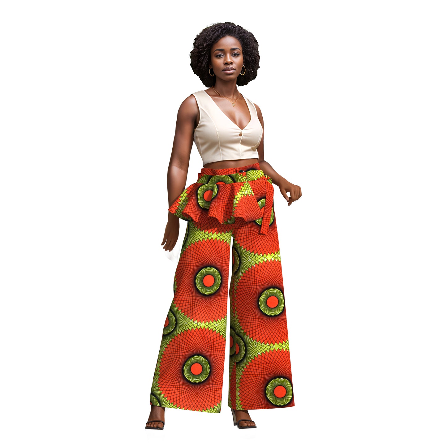 African Print Wide-Leg Pants with Detachable Ruffle