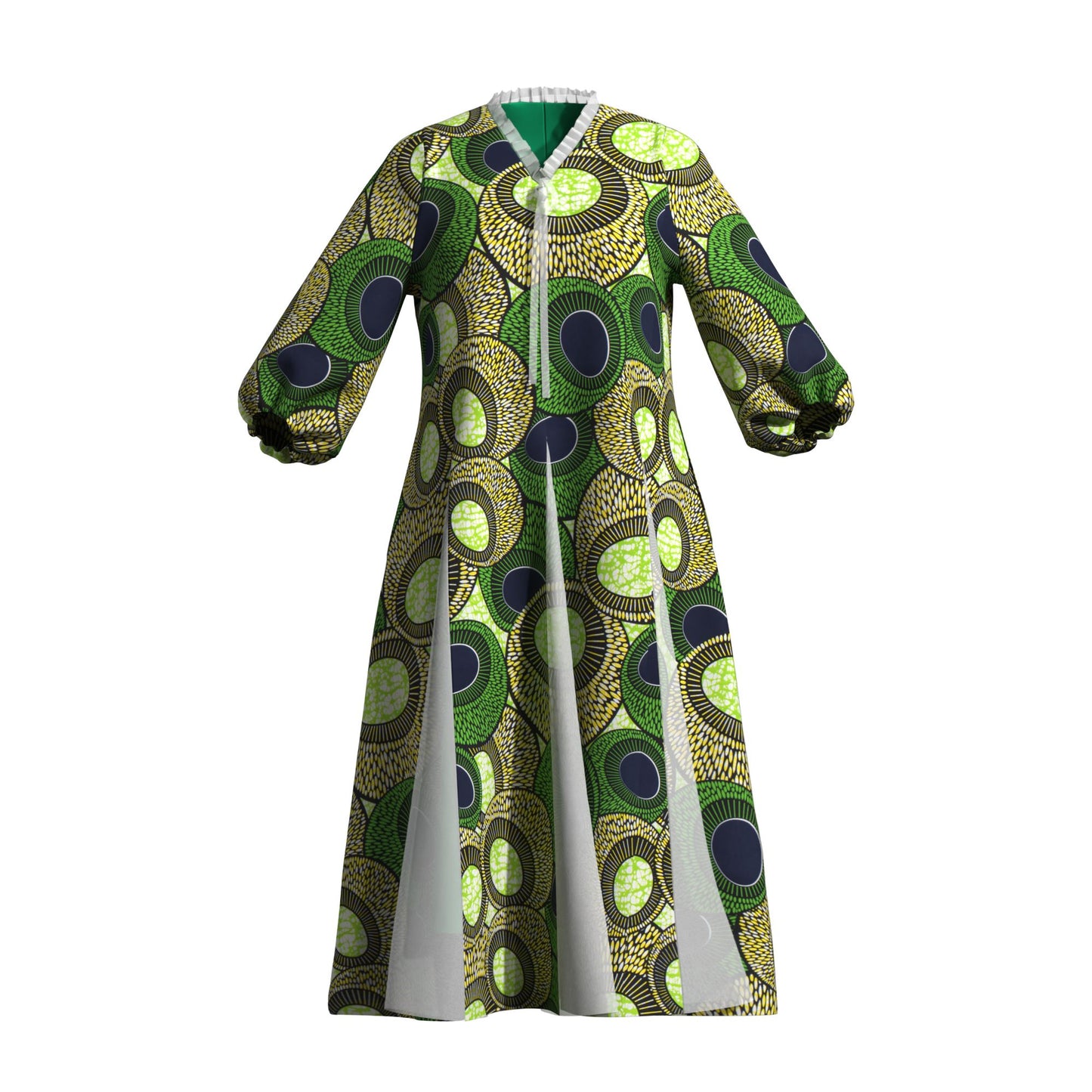 Women Bold Tribal Floral Print V Neck Puff Midi Dress Sheer Panel Split Layer Church Party Outfit
