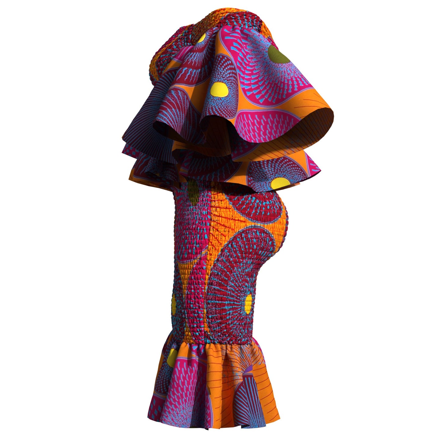 Smocked African Print Two-Piece Outfit with Flounce Sleeves
