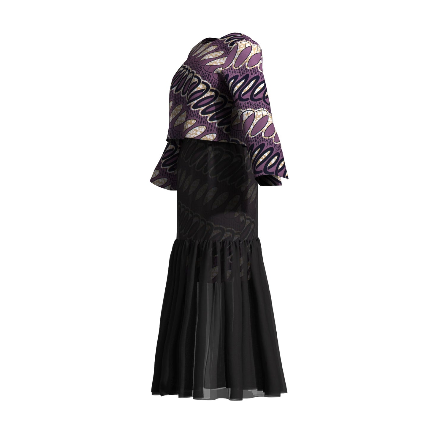 African Print Layered Sheer Mesh Mermaid Maxi Skirt Two Piece Set