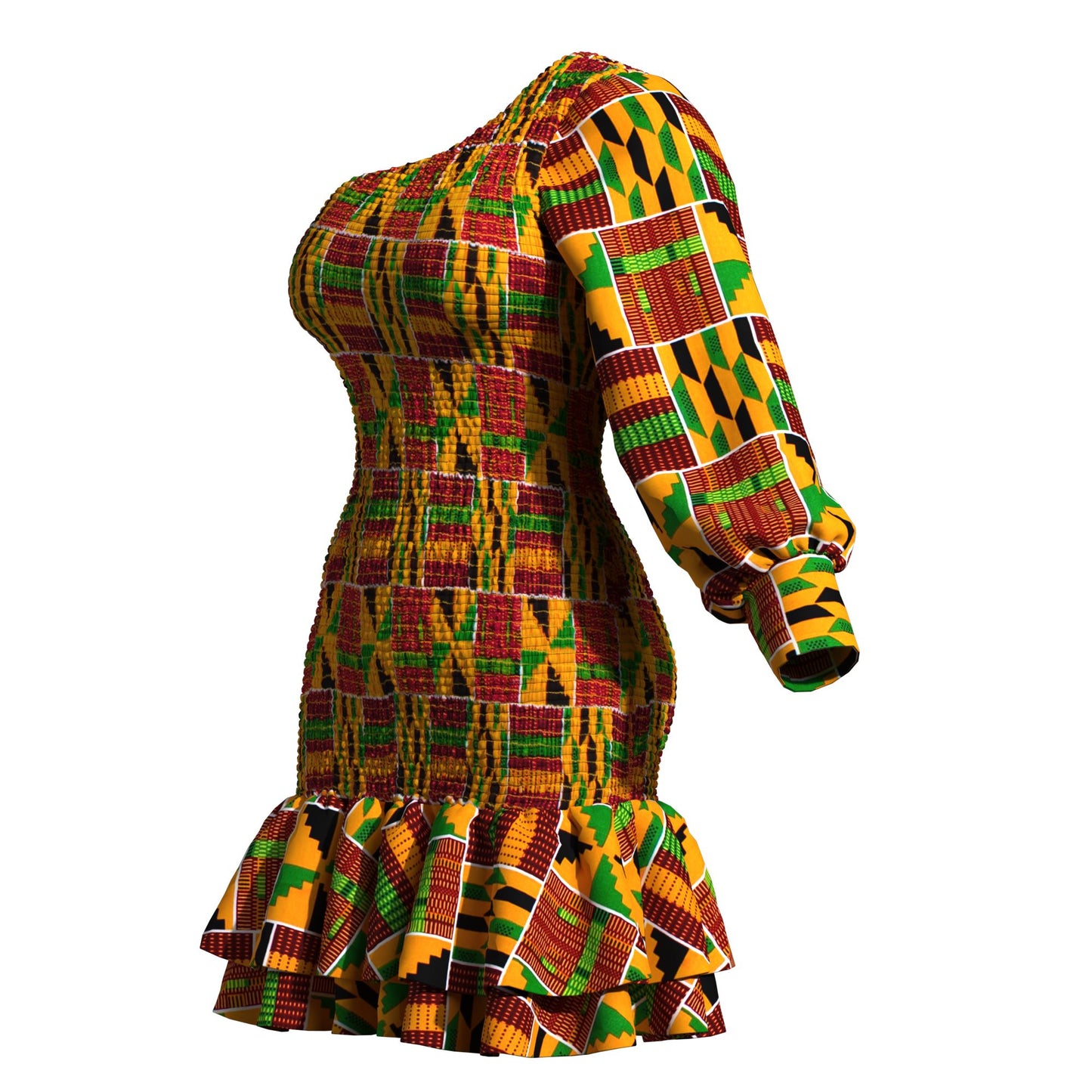 Ankara One-Shoulder Smocked Ruffle Hem Dress