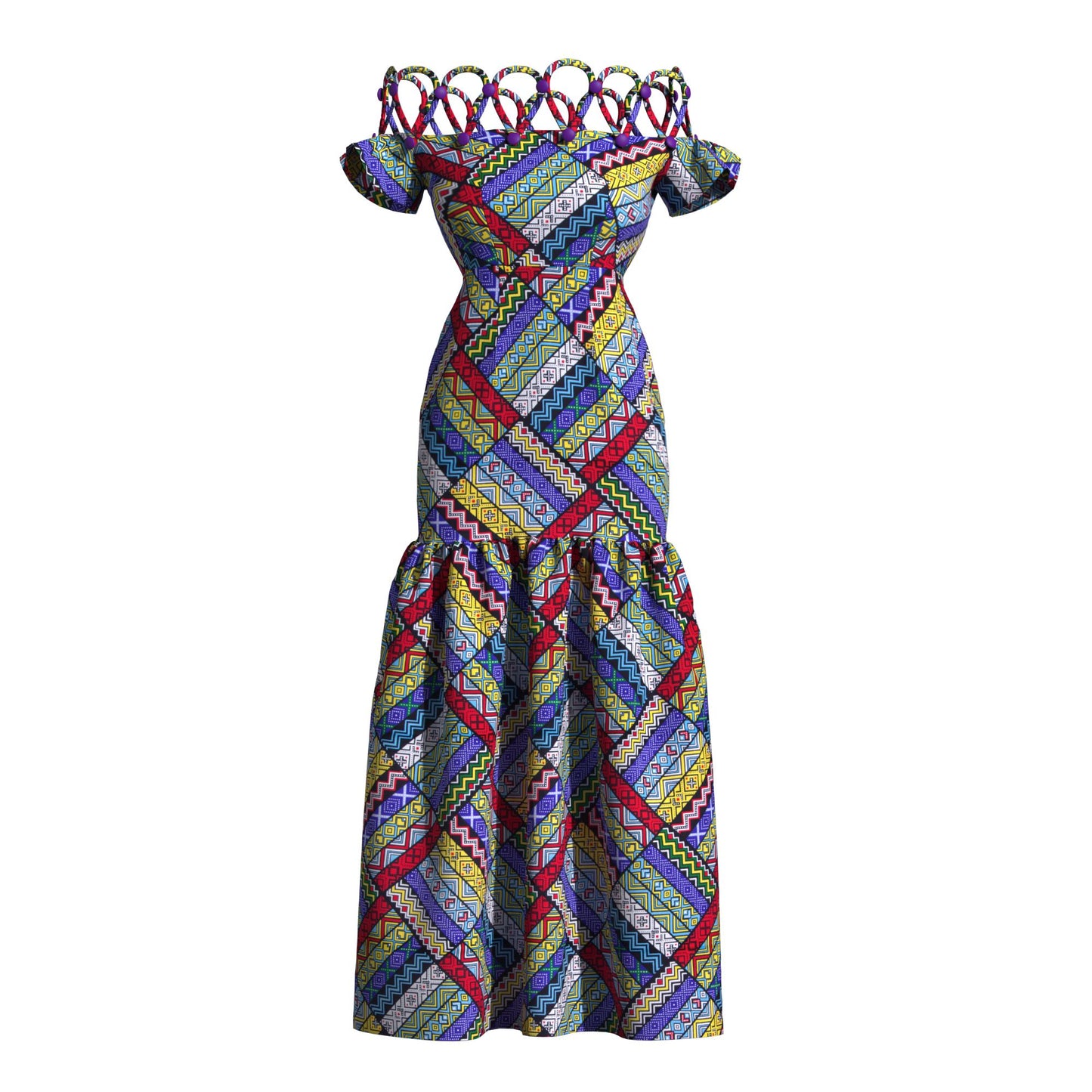 Women's African Print Off-Shoulder Maxi Dress | Rope Strap Detail | Ankara Ruffled Hem Gown