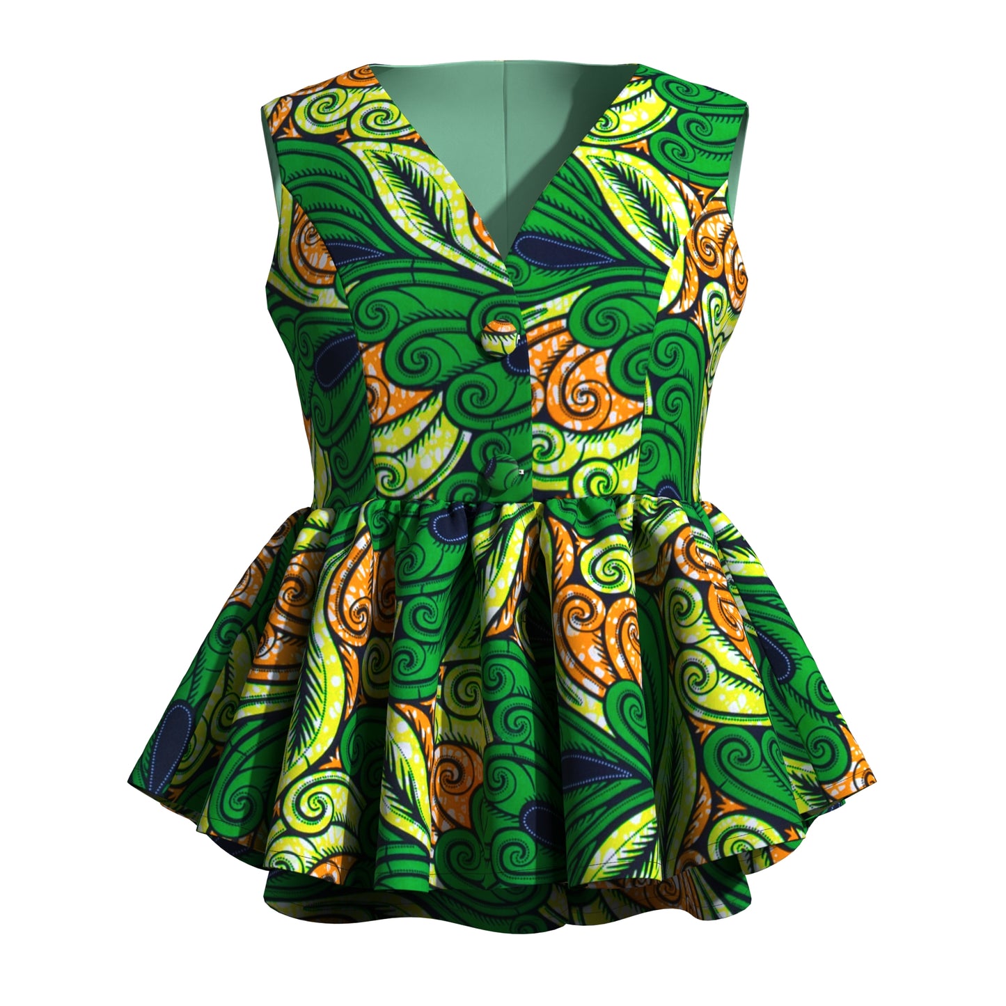Handmade African Wax Print Sleeveless Peplum Blouse with Ruffle Detail