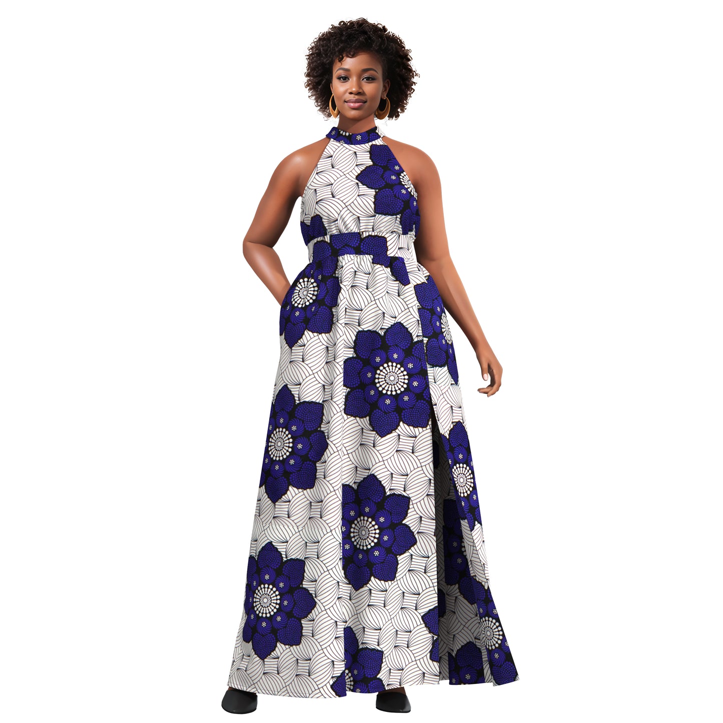 Ladies African Fabric Halter Maxi Dress With Back Bow & Side Split