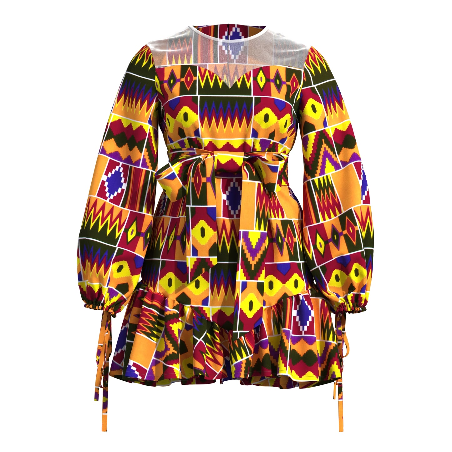 Sheer Mesh Neck African Print Belted Mini Dress