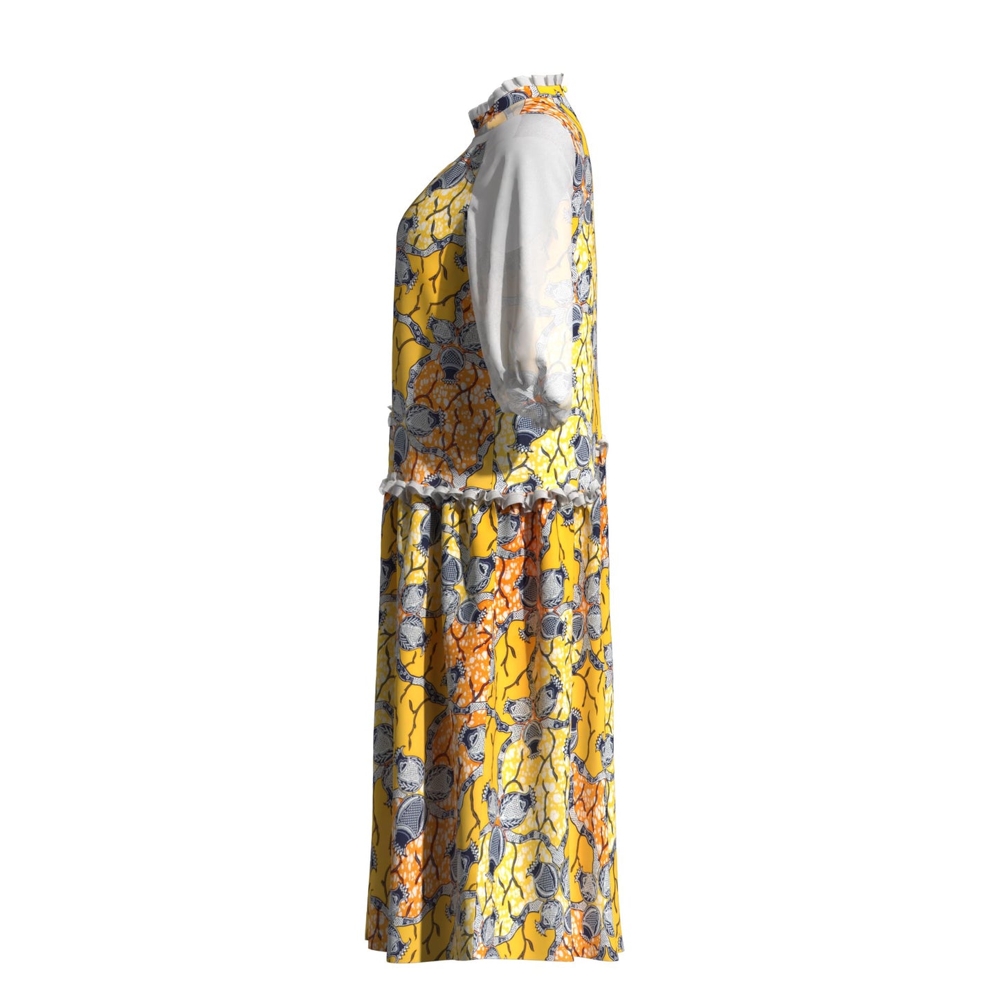 African Fabric Sheer Mesh Ruffle Collar Tiered Swing Midi Dress