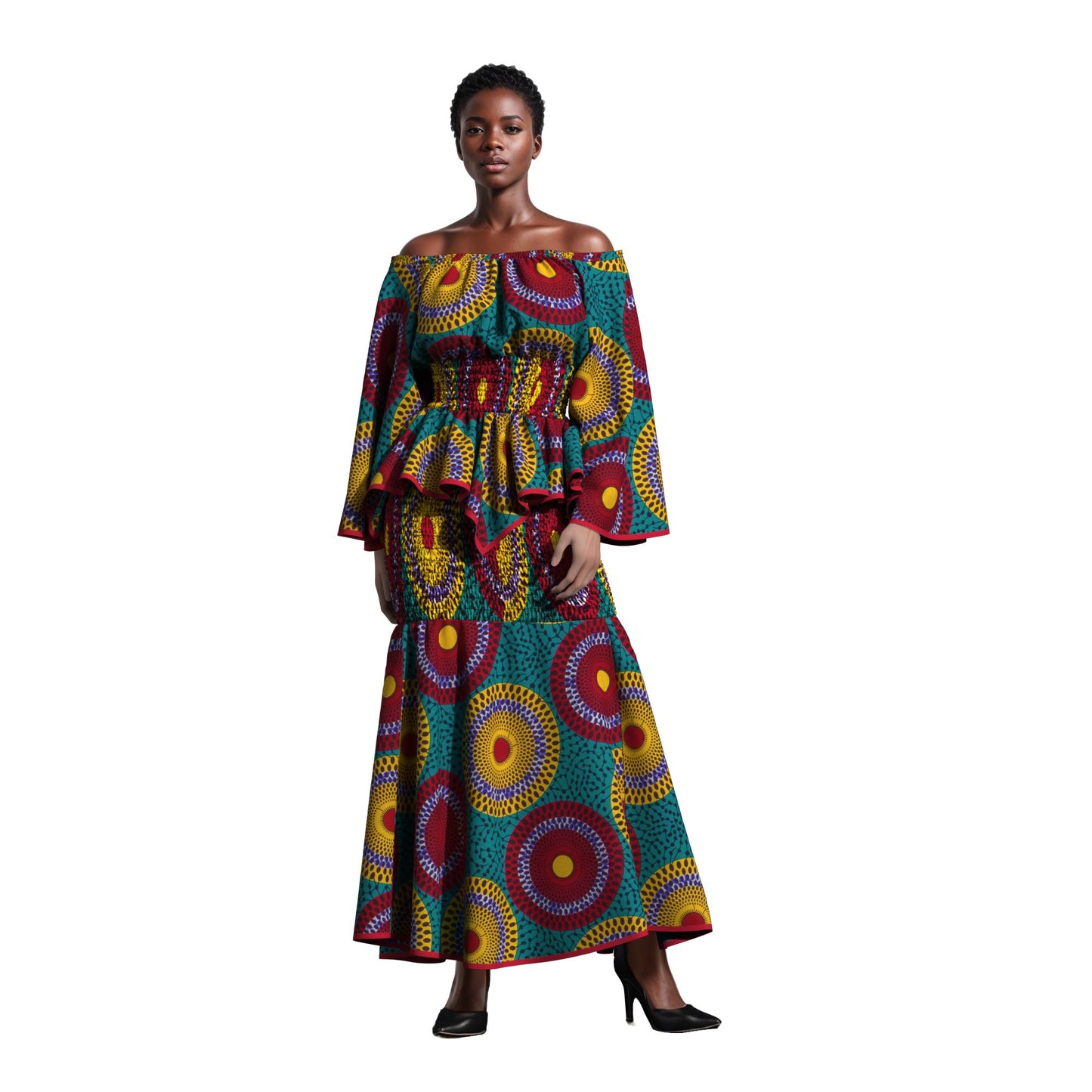 Fashion African Women Dashiki Print Off Shoulder Flare Sleeve Two Piece Set Full Smocked Stretch Casual Party Outfit