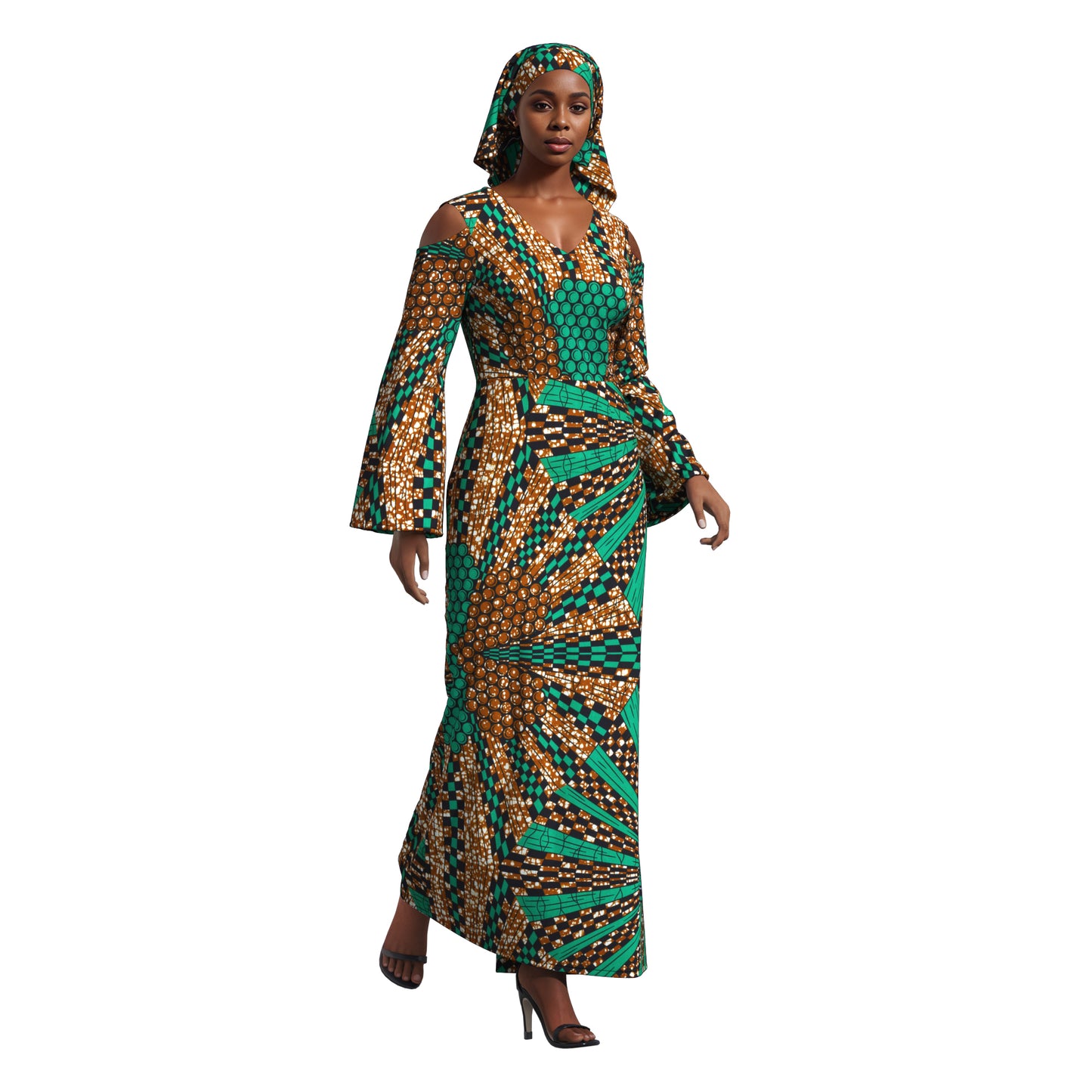 African Print High Waist Pleated Cold Shoulder Party Dress