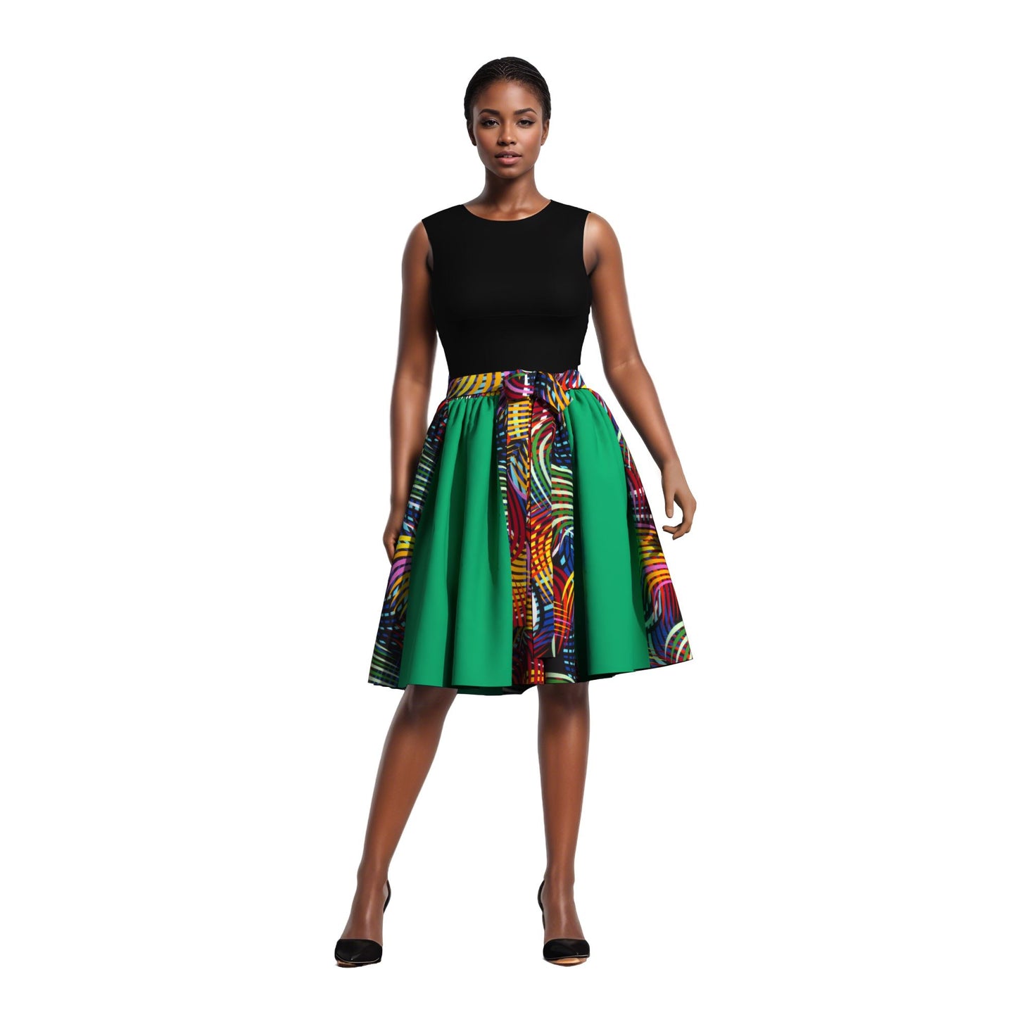 Versatile African Print Color Block Flared Skirt