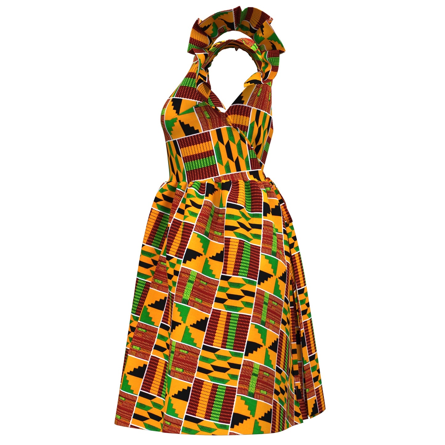 African Print Pleated Sleeve Tie-Back Backless Dress