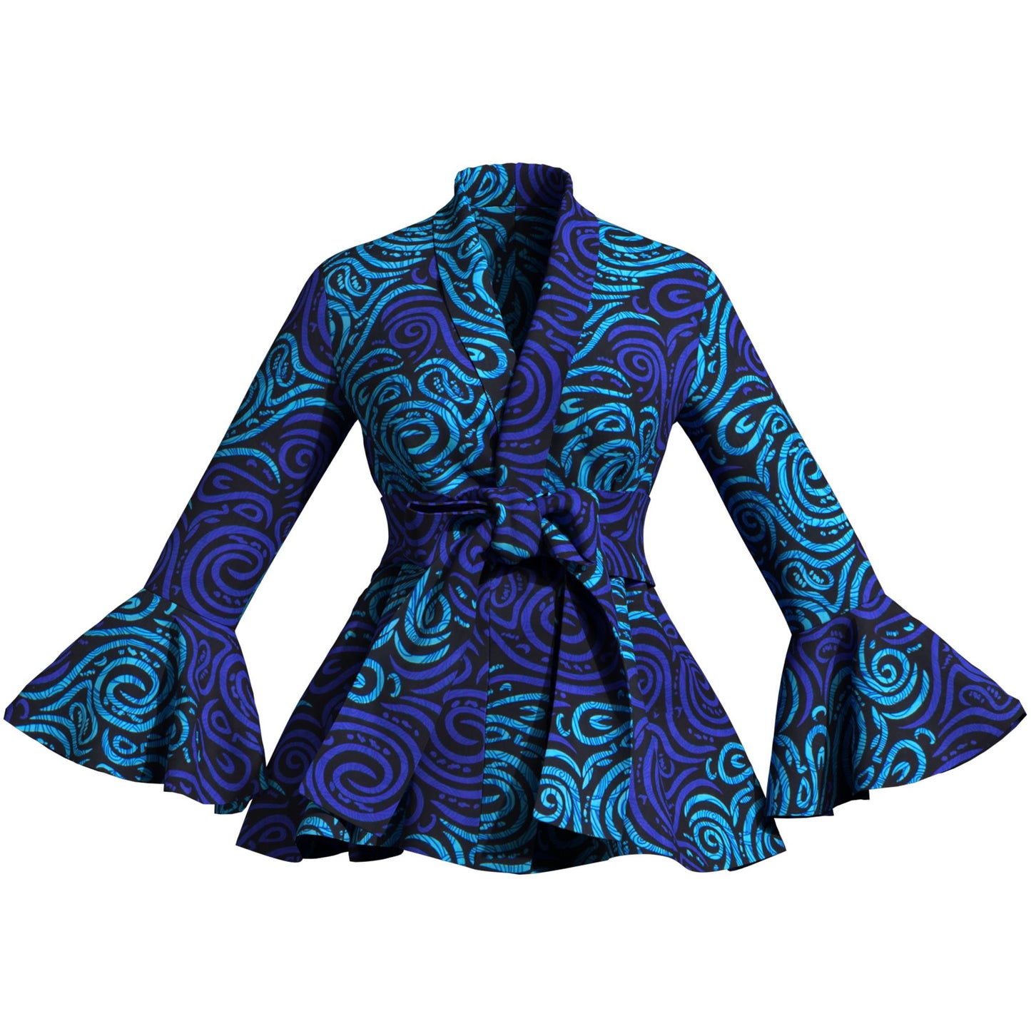 Ladies Vibrant Ethnic Geometric Print Stand Collar Bell Sleeve Peplum Top With Coordinating Waist Tie