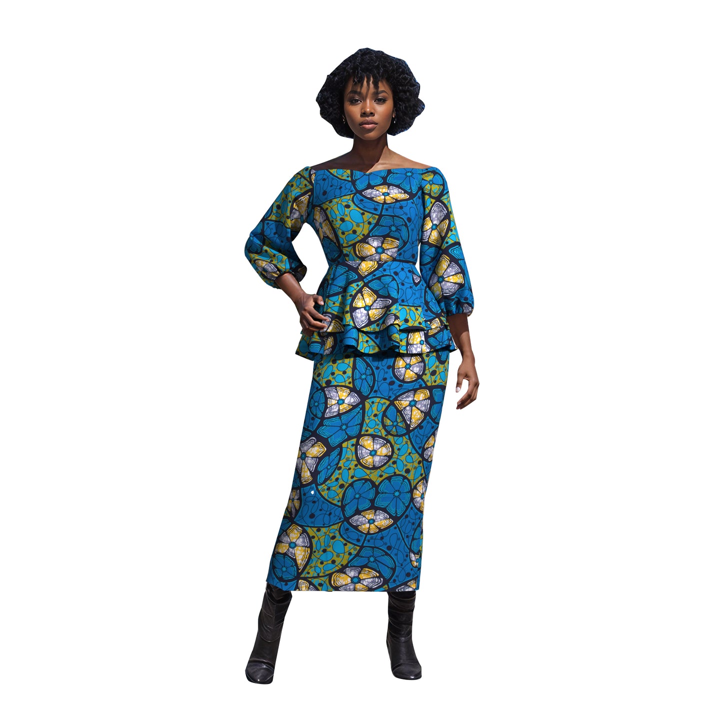 Ankara Print Elastic Cuff Peplum Top & Maxi Skirt Set