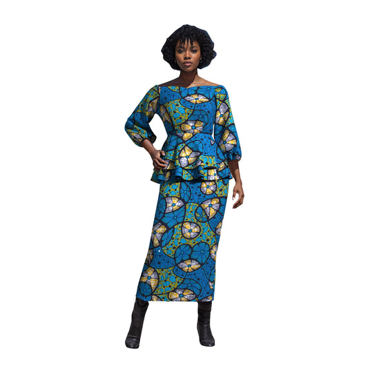 Ankara Print Elastic Cuff Peplum Top & Maxi Skirt Set