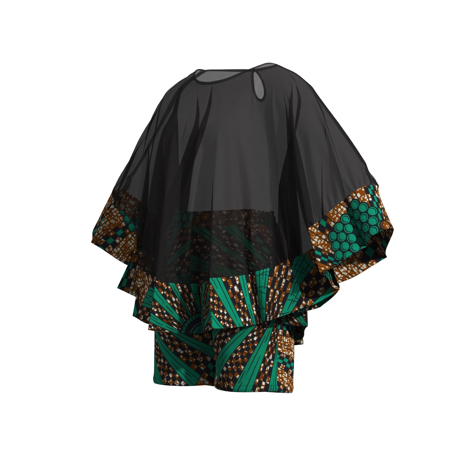 African Print Chiffon Cape Top & Shorts Two-Piece Set