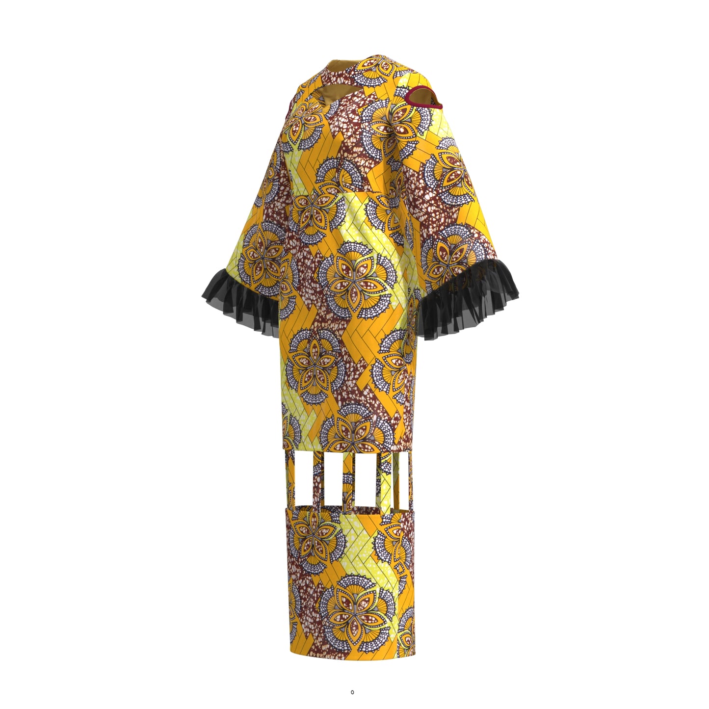 African Ankara Print Cutout Maxi Dress with Sheer Ruffle Cuffs