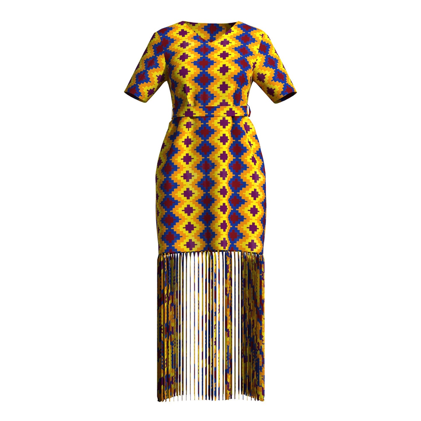 Bold Circular Ankara Print Fringe Hem Dress – Afrocentric Short Sleeve Midi Dress