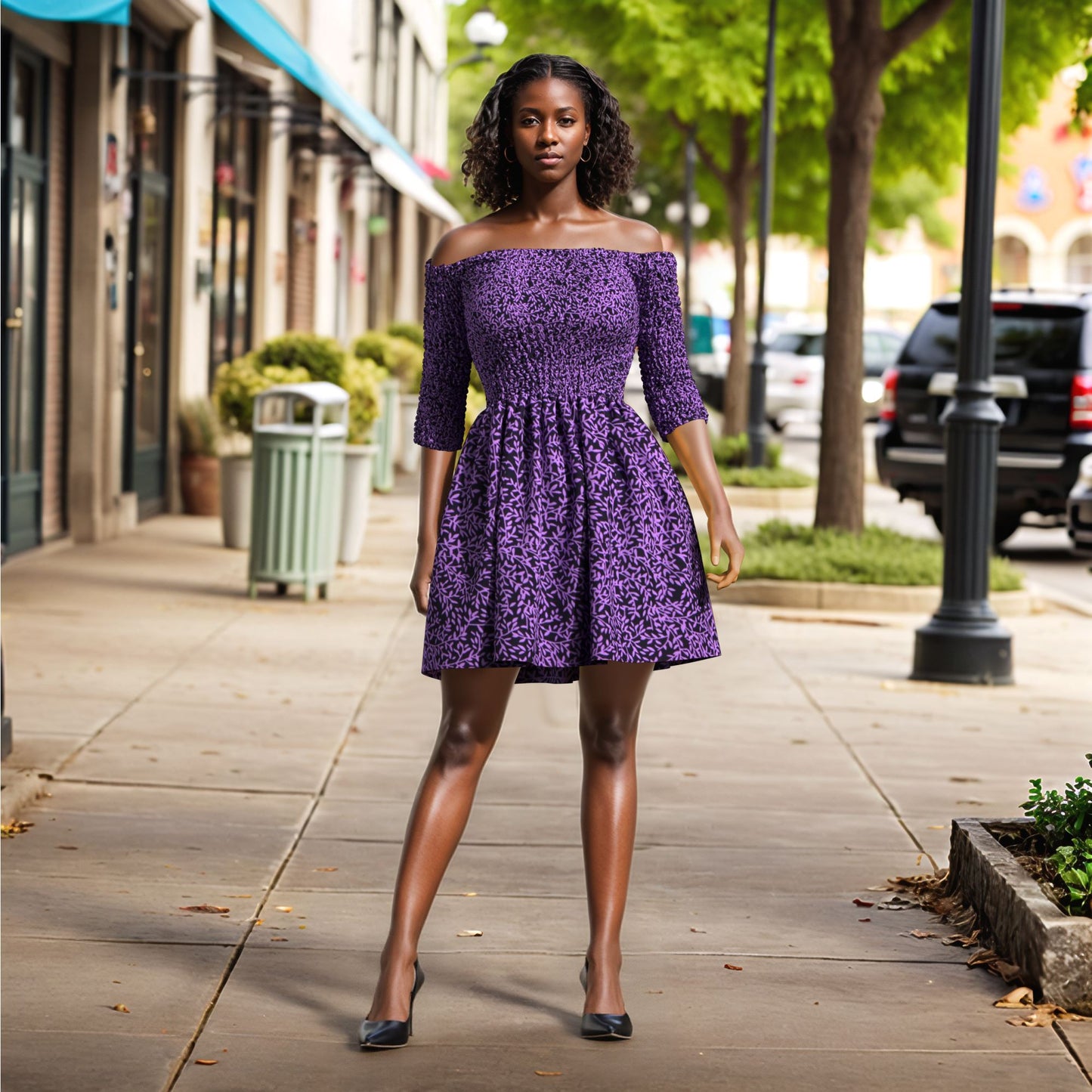 African Print Off Shoulder Flare Dress | Kente Pattern Short Party Dress for Black Women