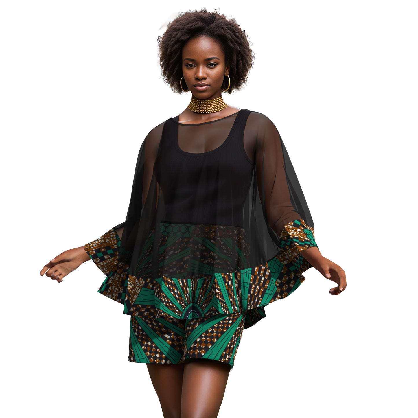 African Print Chiffon Cape Top & Shorts Two-Piece Set