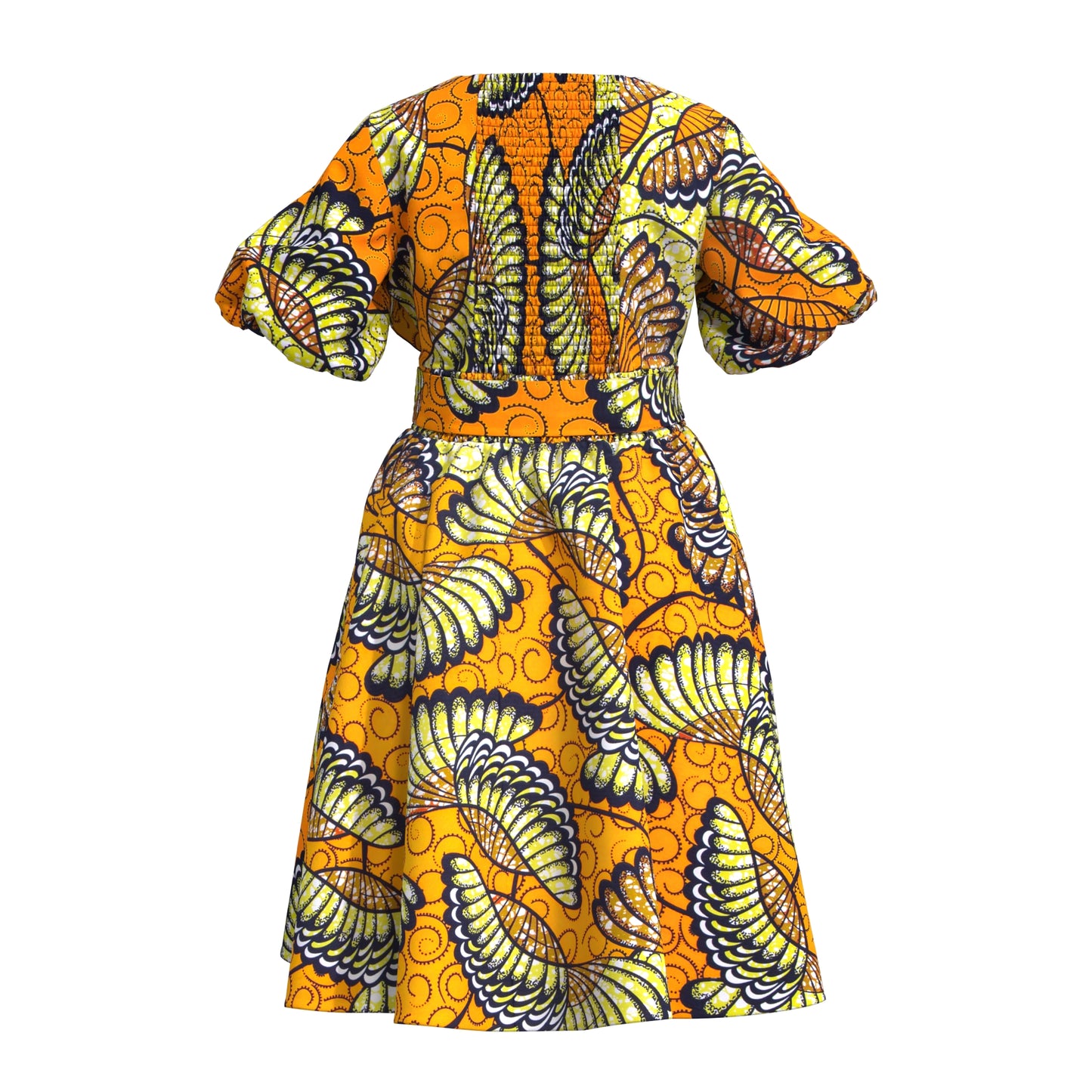 African Print Smocked Waist A-Line Midi Dress with Belt