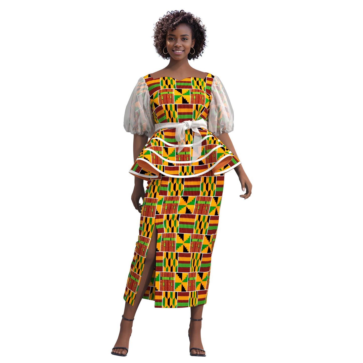African Print Organza Sleeve Peplum Top & Midi Skirt Set