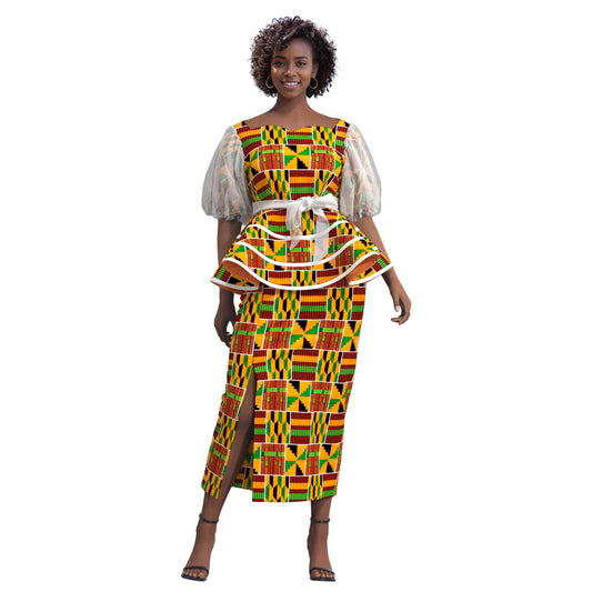 African Print Organza Sleeve Peplum Top & Midi Skirt Set