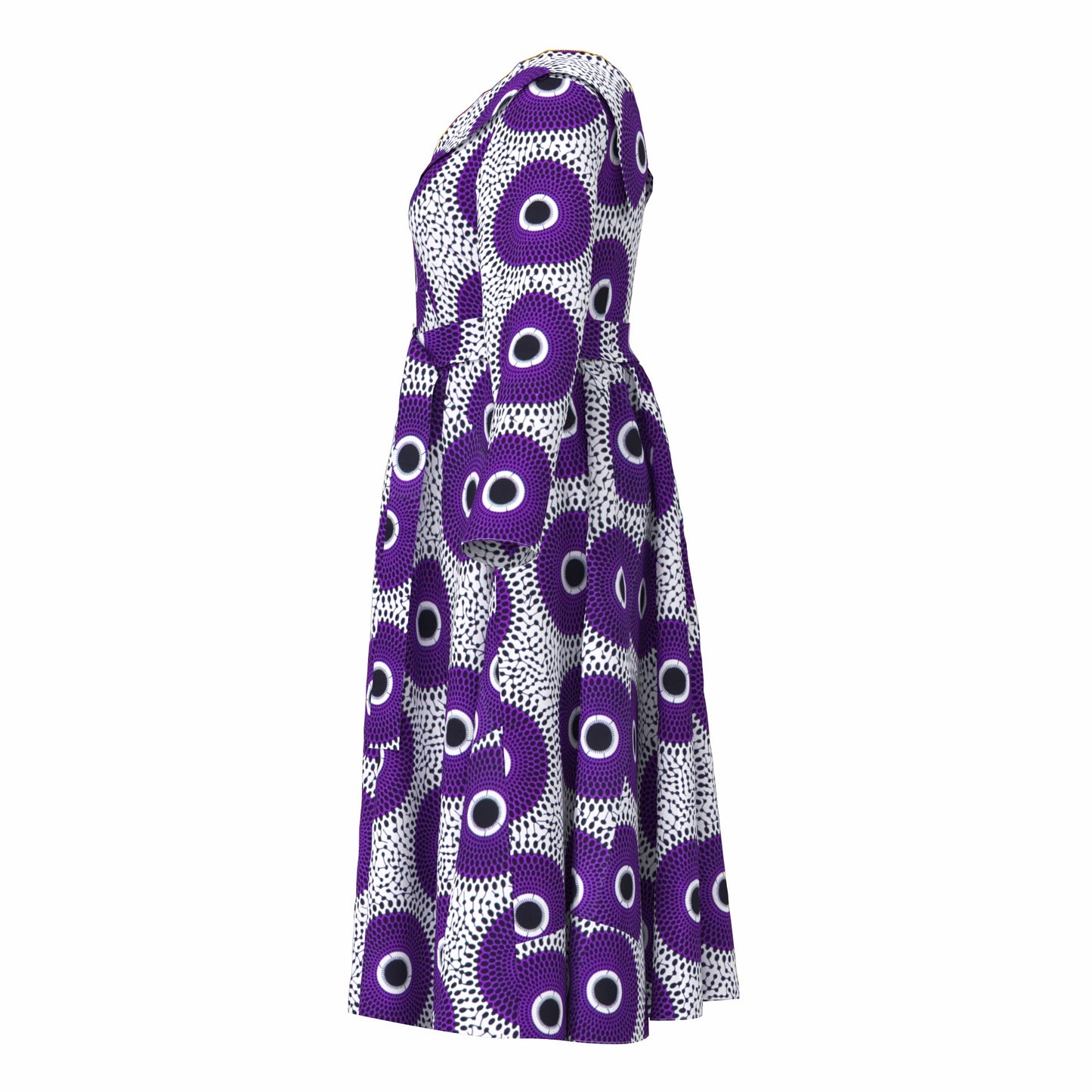 V-Neck Long Sleeve African Print Midi Dress with Tie Waist Belt
