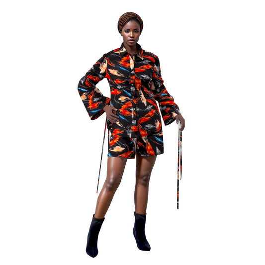 African Print Smocked Sleeve Shirt & Shorts Two-Piece Set