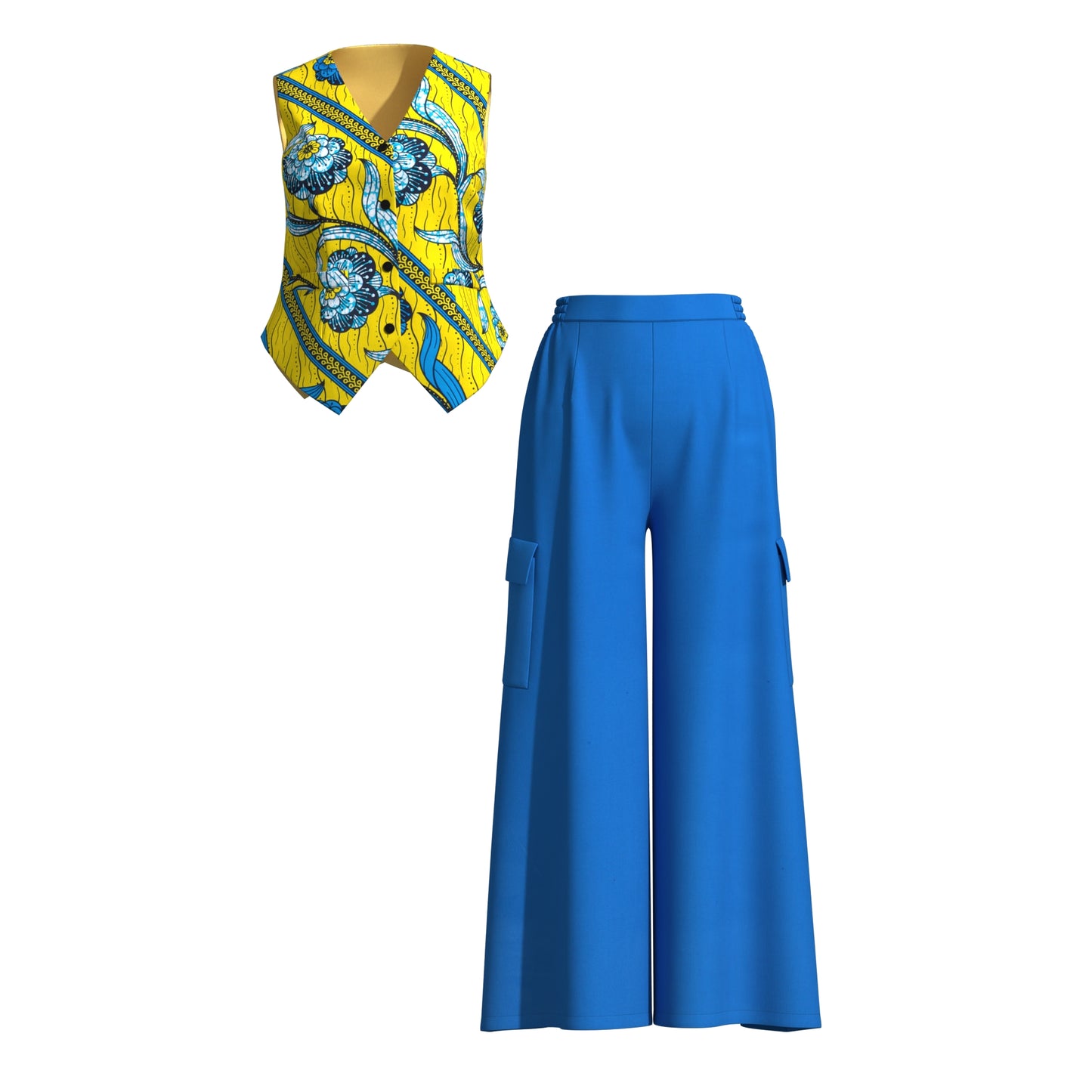 Ankara Print V-Neck Vest and Cargo Pocket Wide Leg Pants Set