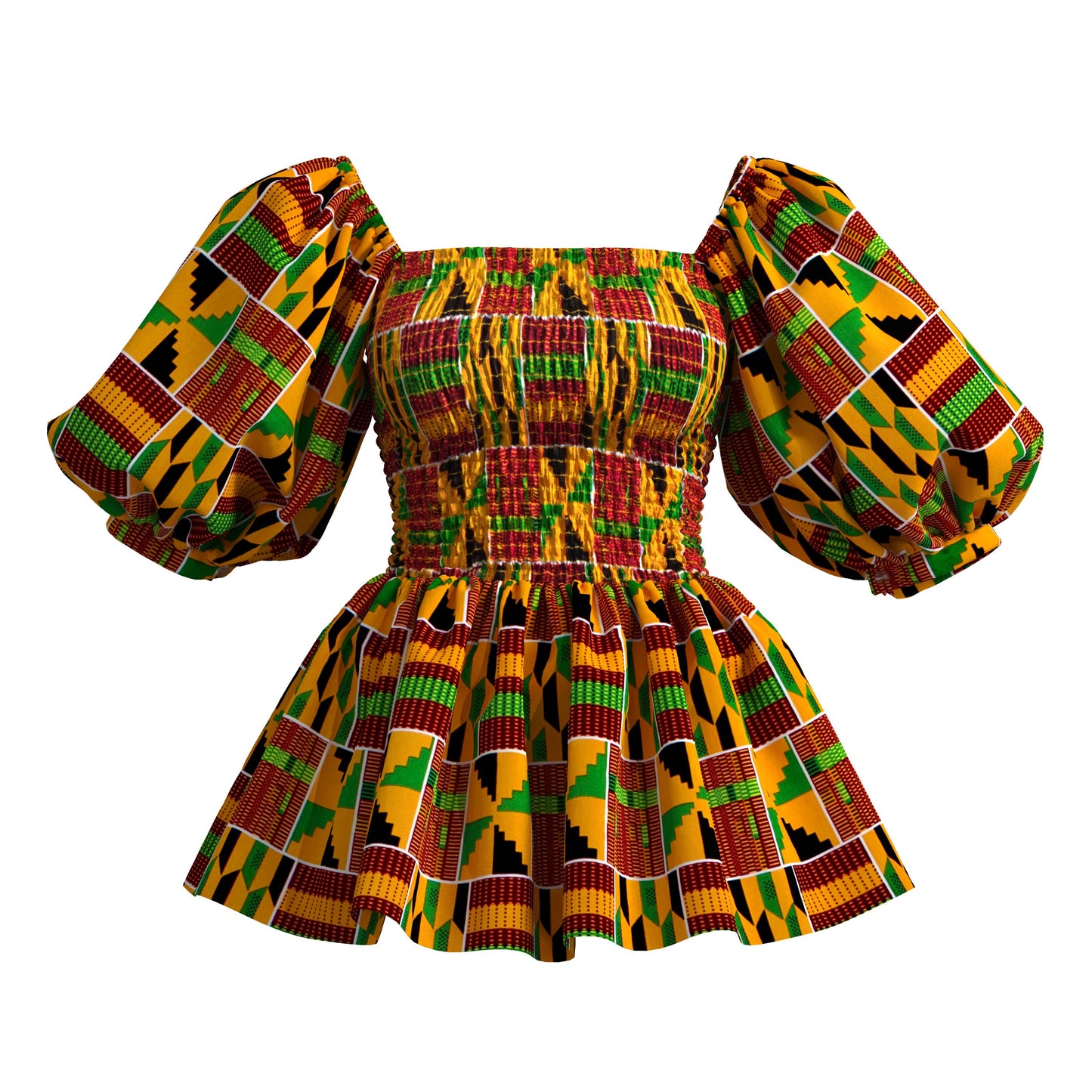 Tropical Wave African Print Puff Sleeve Peplum Blouse – Bold Colorful Ankara Top