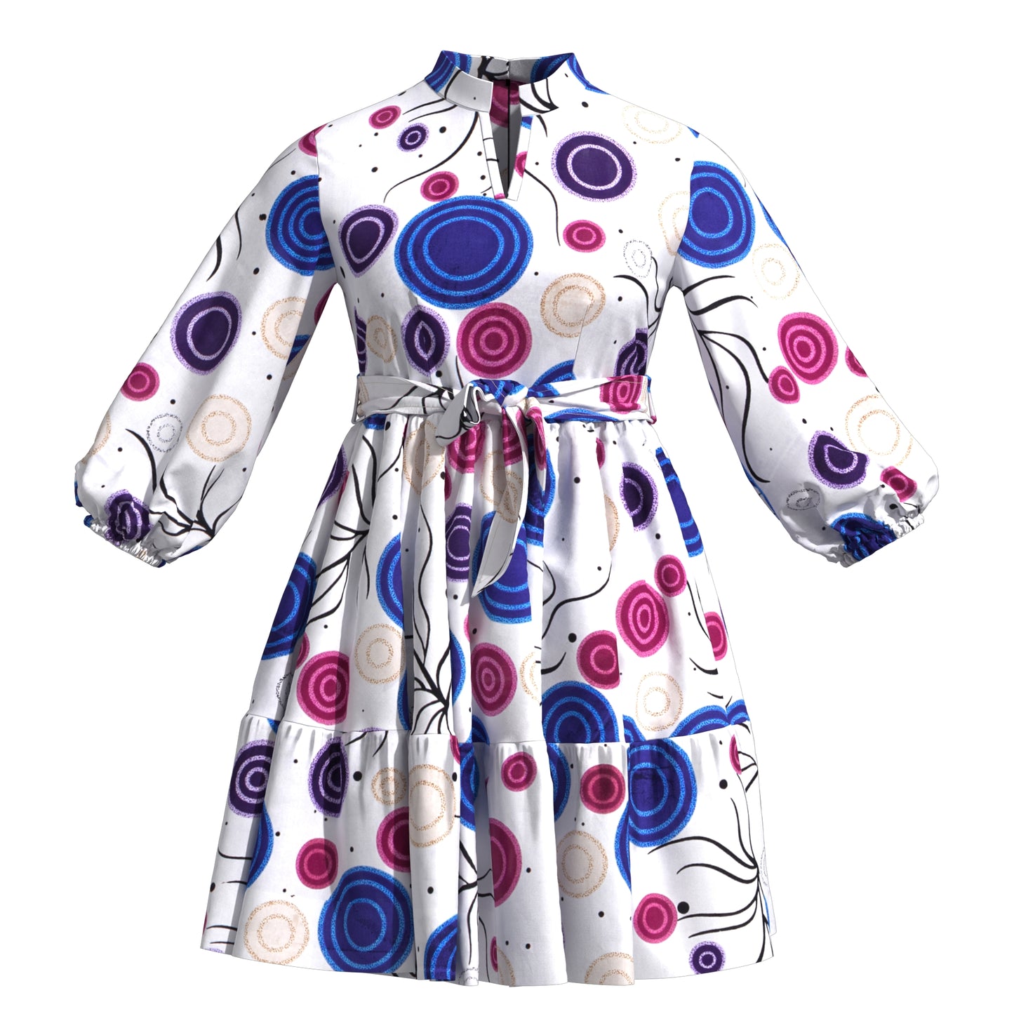 African Print Versatile Belted Stand Collar Casual Dress