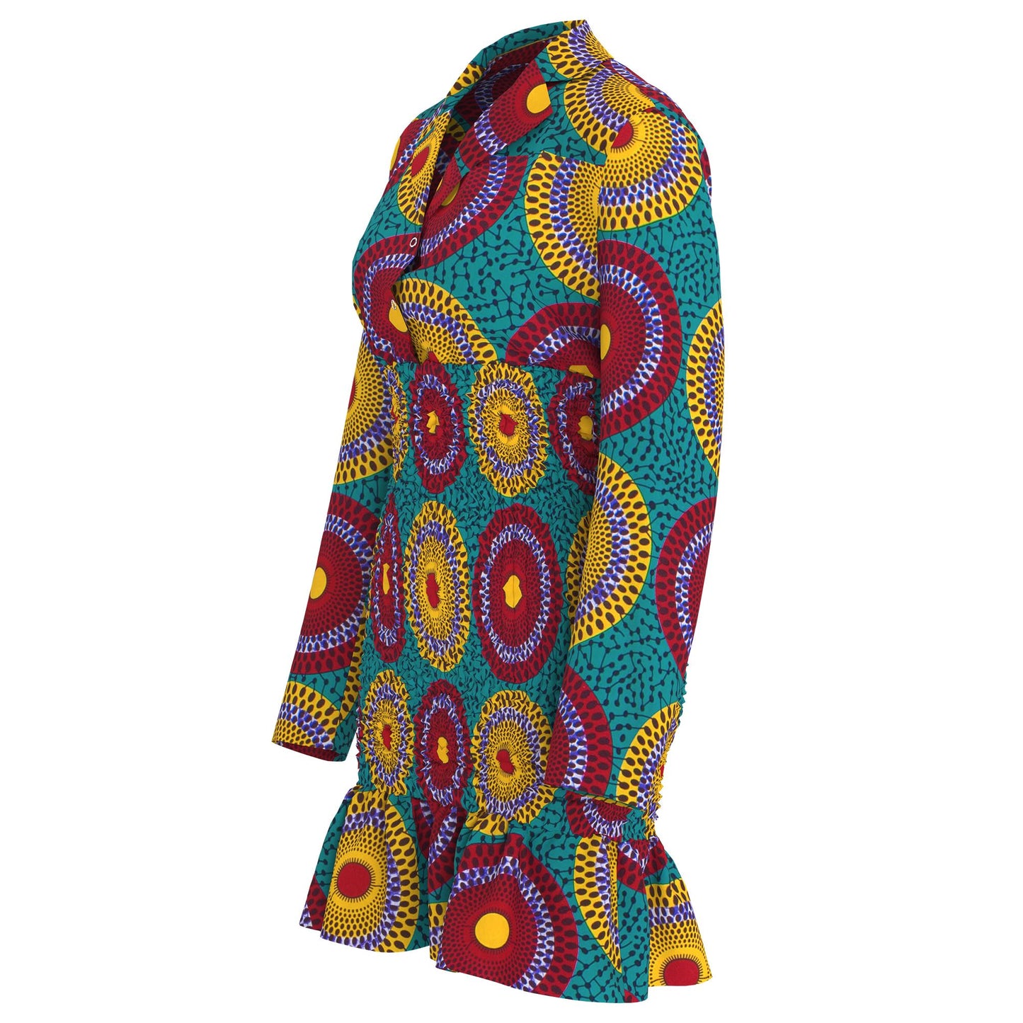 African Print Long Sleeve Shirt Collar Smocked Waist Dress