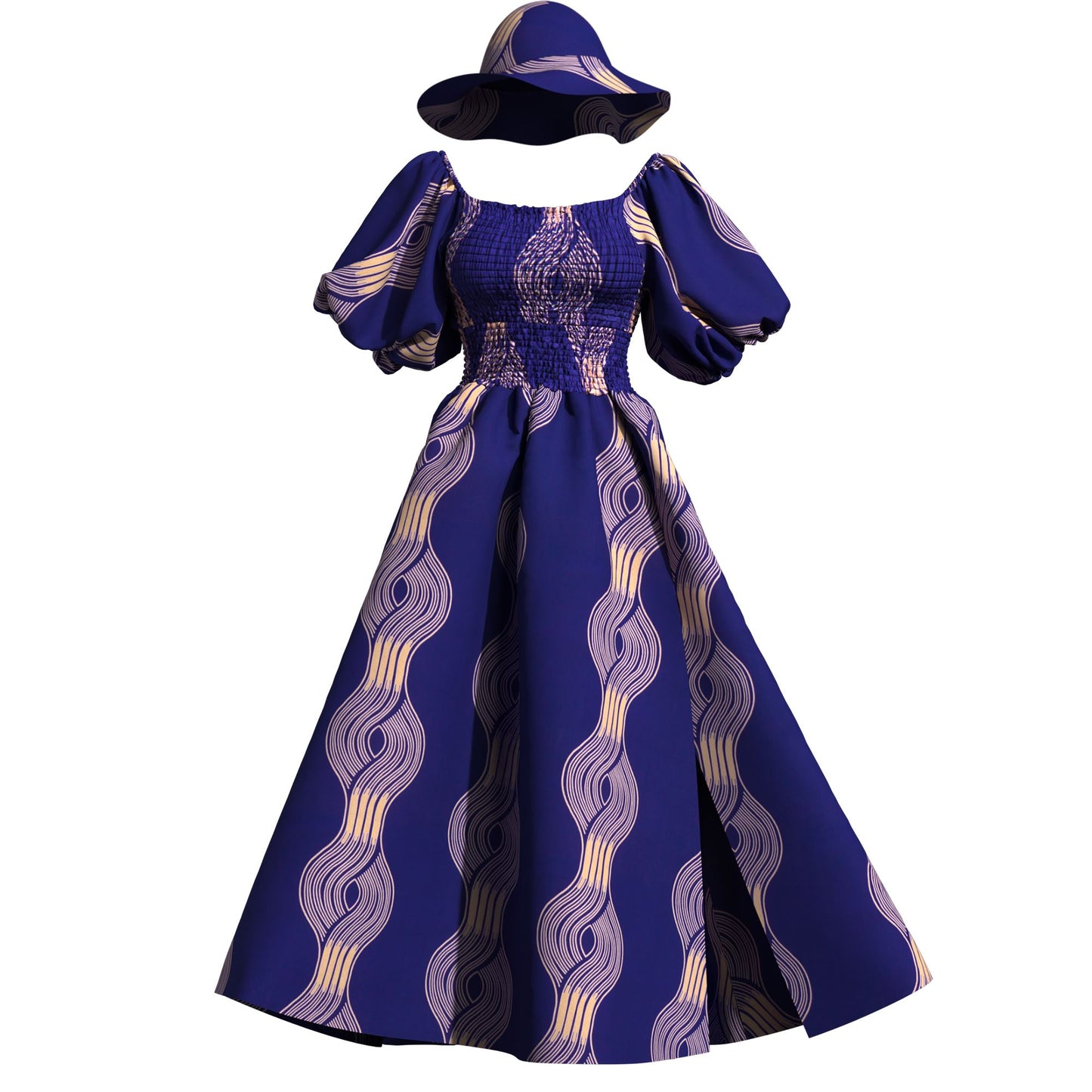 Elegant Cultural Print Maxi Dress with Puff Sleeves & Wide Brim Hat