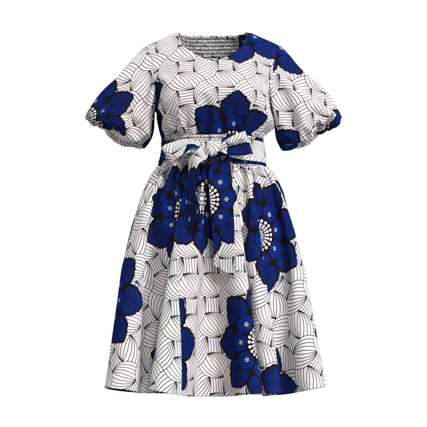 African Print Smocked Waist A-Line Midi Dress with Belt