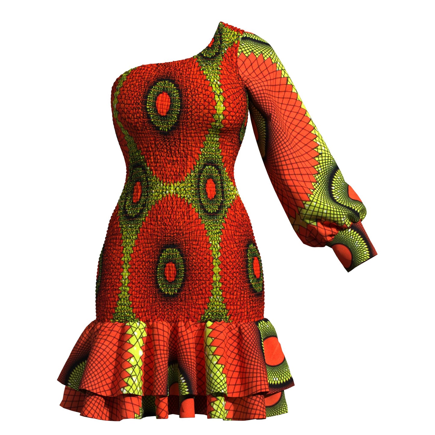 Ankara One-Shoulder Smocked Ruffle Hem Dress