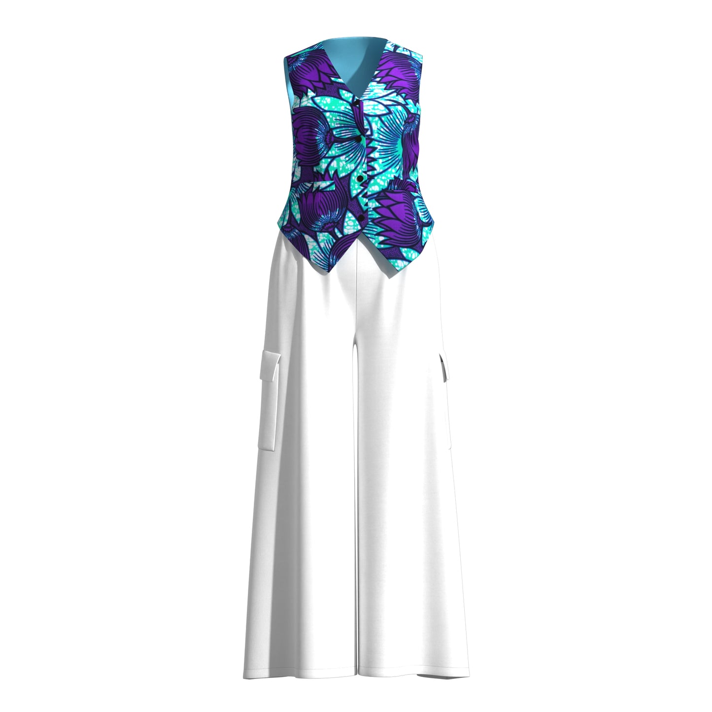 Ankara Print V-Neck Vest and Cargo Pocket Wide Leg Pants Set
