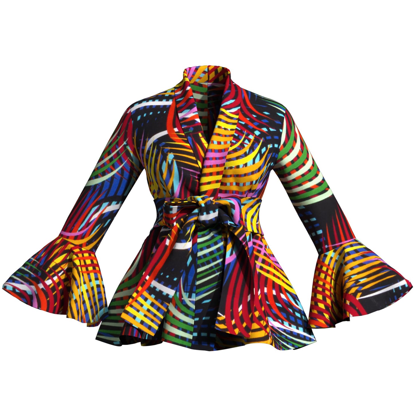 Ladies Vibrant Ethnic Geometric Print Stand Collar Bell Sleeve Peplum Top With Coordinating Waist Tie