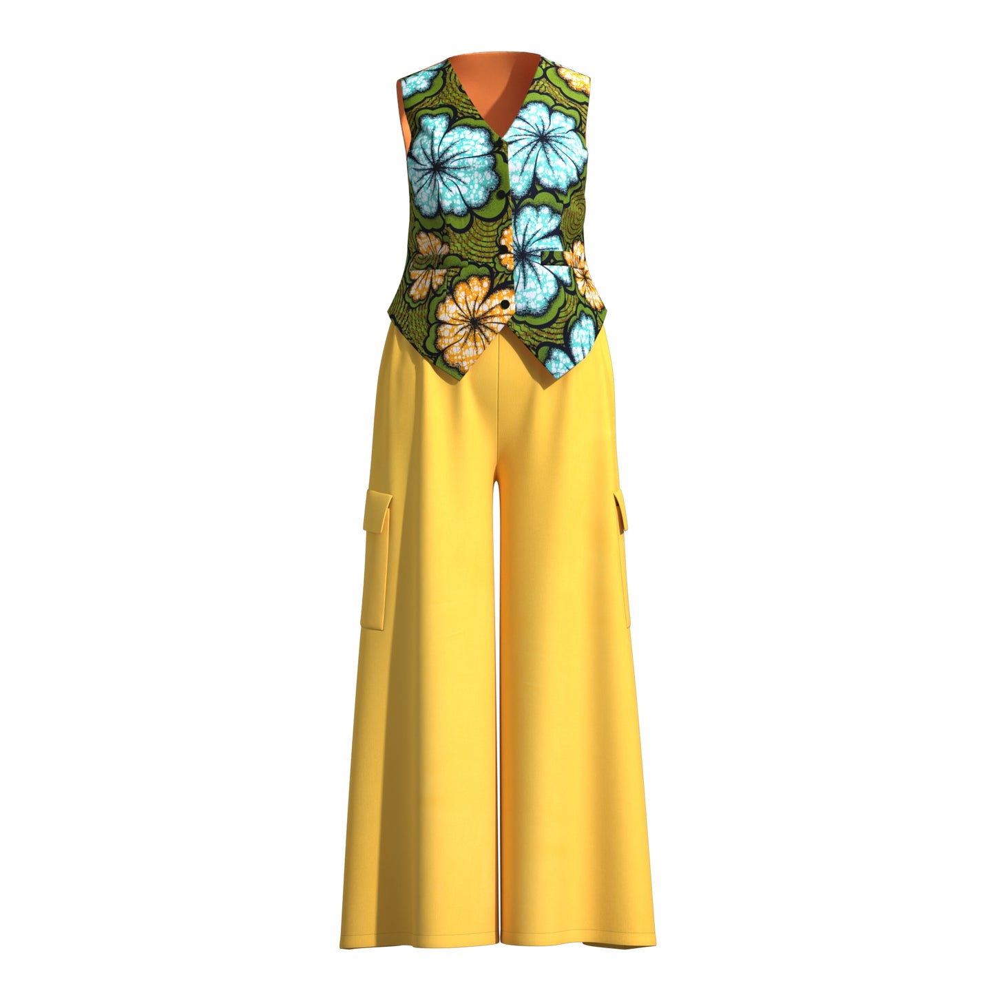 Ankara Print V-Neck Vest and Cargo Pocket Wide Leg Pants Set