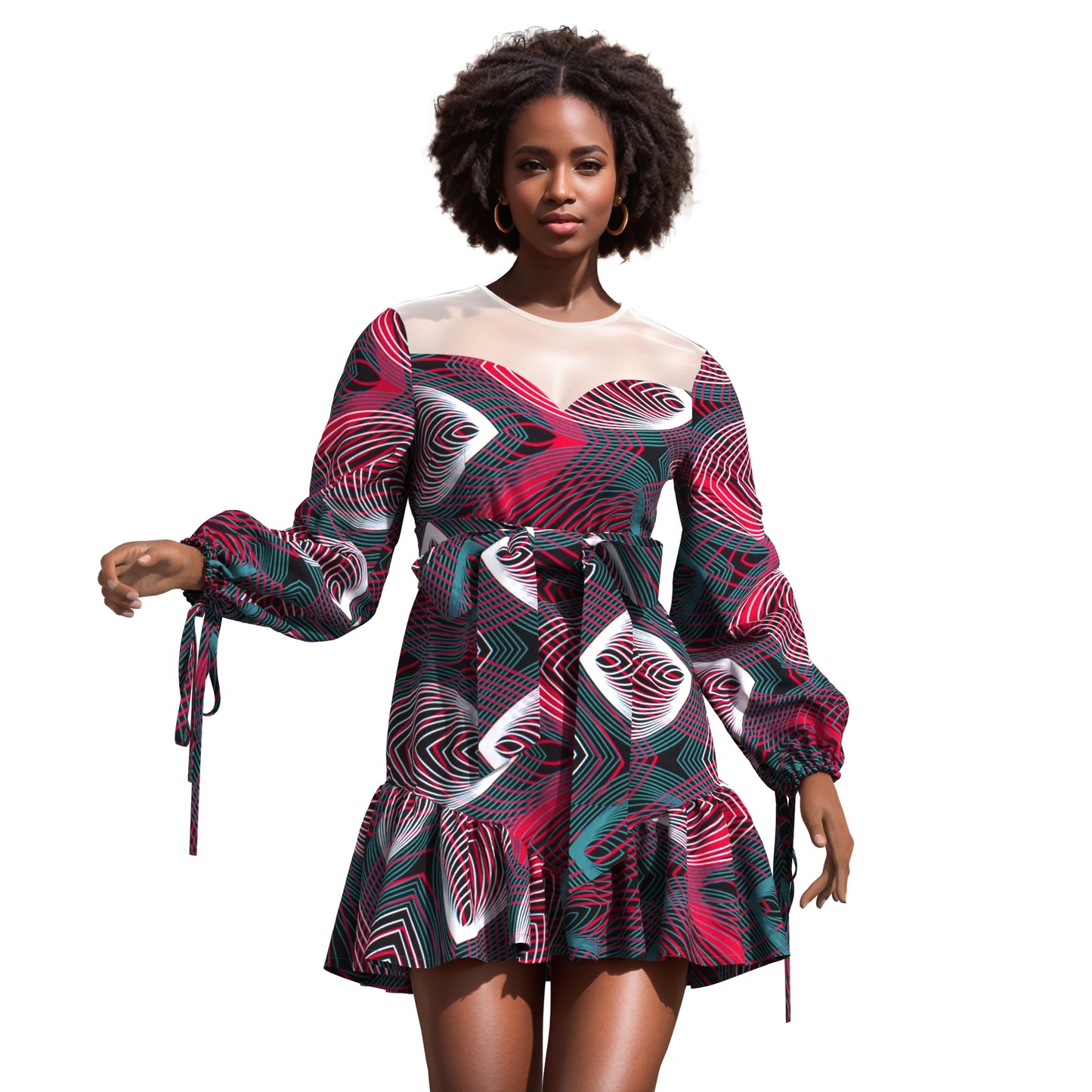 Sheer Mesh Neck African Print Belted Mini Dress