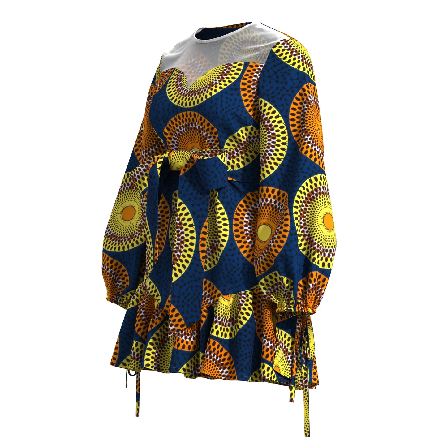 Sheer Mesh Neck African Print Belted Mini Dress