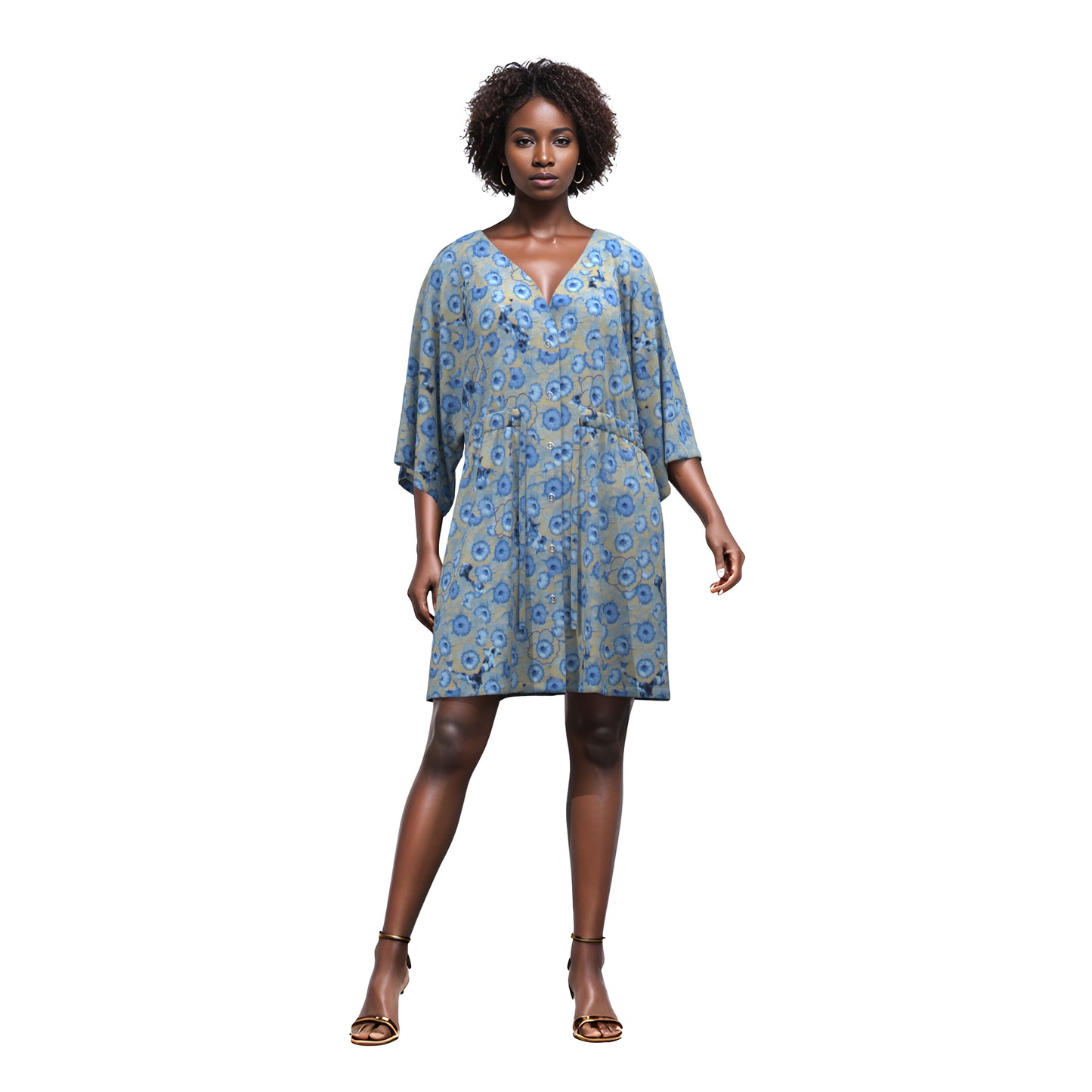 African Print V-Neck Drawstring Waist Batwing Sleeve Dress